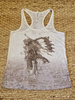 White Burnout JUNK GYPSY Tank with Brown Feather Graphic - Sz XL